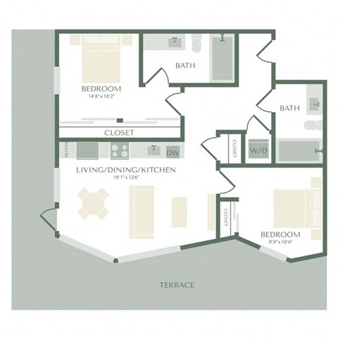 Floor plan for 2 beds, 2 baths, 868 sqft